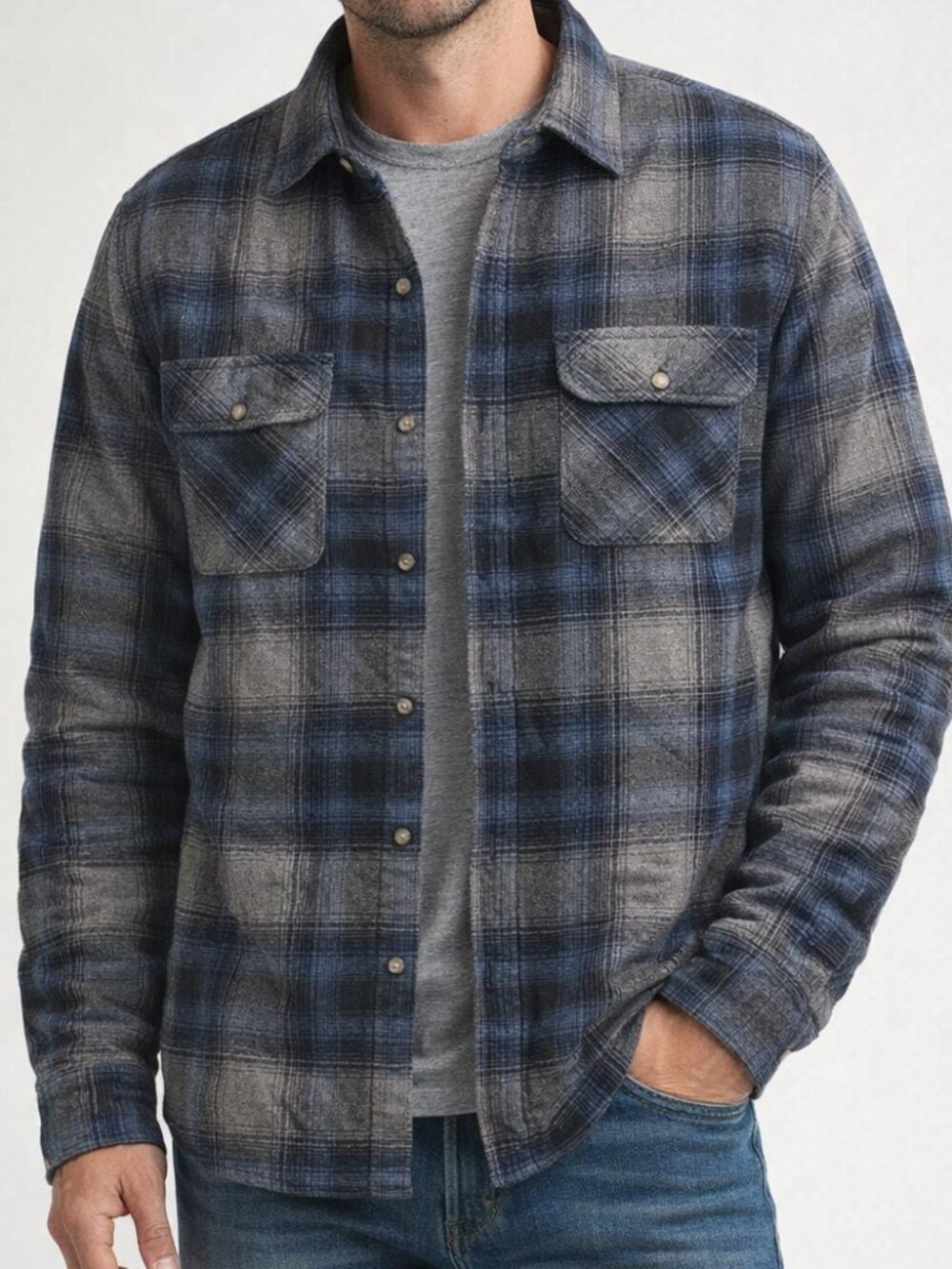 TownCraft Blue Grey Quilted-Lined Plaid Shacket Flannel Large Shirt